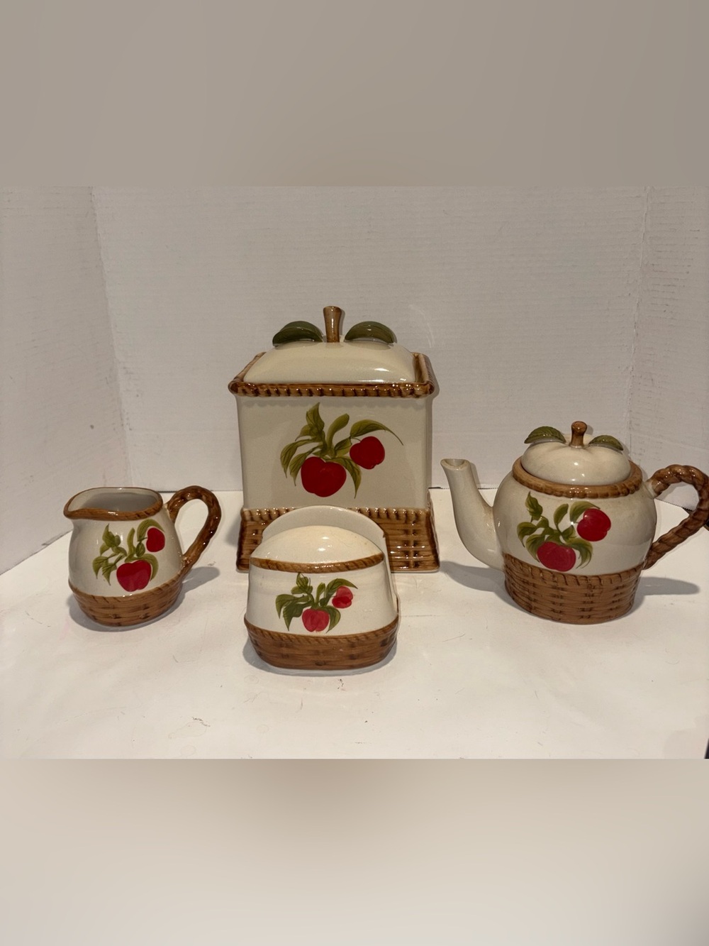 Ceramic Apple Motif Tea Set and Canister - Cream and Red